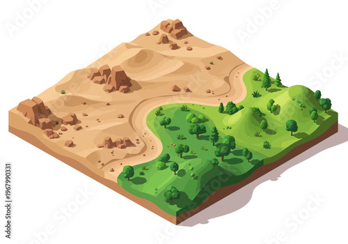 A 3D illustration of a desert and forest landscape side by side with trees rocks and sand dunes.