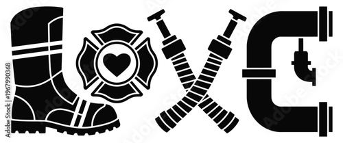 Firefighter themed LOVE word art with boot emblem and hoses, Maltese cross element, fire department tribute typography, rescue service inspired design, modern flat vector illustration for apparel, 