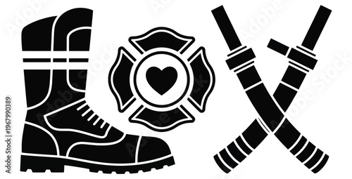 Firefighter themed LOVE word art with boot emblem and hoses, Maltese cross design, fire department romance concept, rescue service tribute typography, modern vector illustration for apparel, stickers 