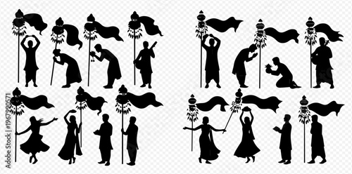 Set of traditional Indian festival silhouettes, depicting various poses and activities, perfect for cultural celebrations and events.