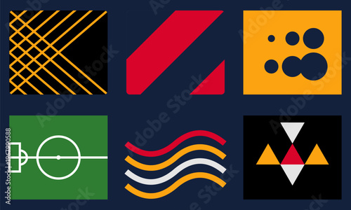 Hand-drawn minimalist geometric patterns with soccer field graphics including vibrant circles stripes waves triangles for professional authentic illustration