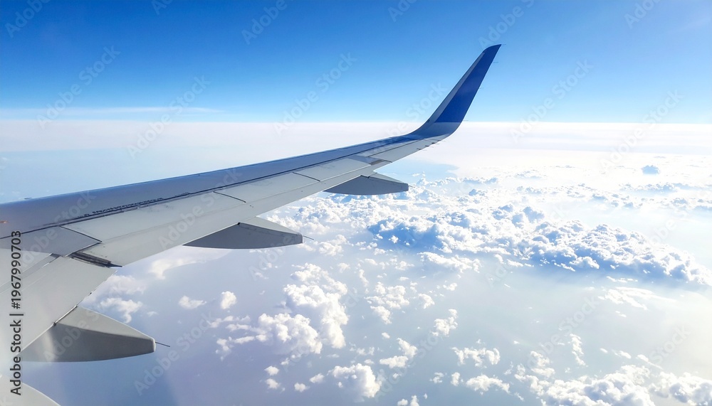 Obraz premium Airplane wing above clouds with clear blue sky view