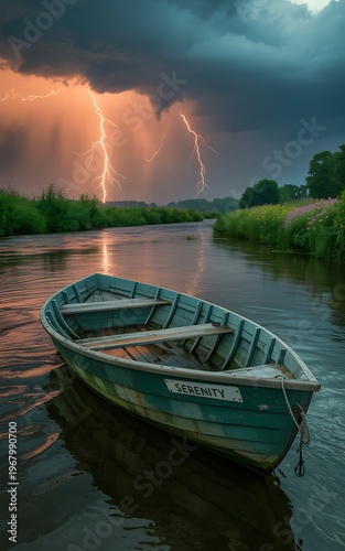A weathered rowboat rests on calm water during a dramatic lightning storm
