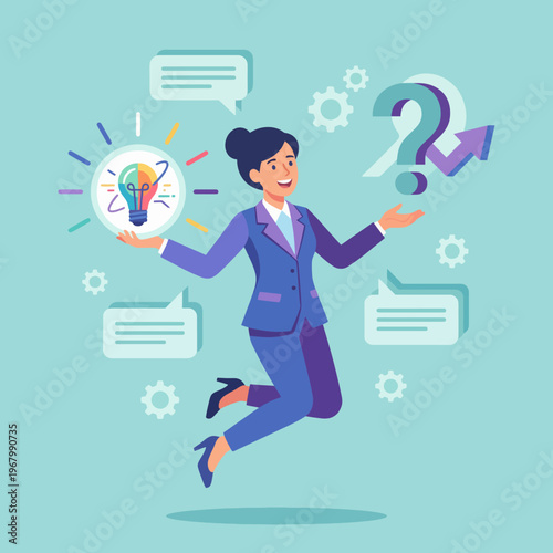 The illustration features a professional woman joyously presenting an idea while juggling symbols of inquiry and communication, representing initiative, creativity, and enthusiasm.