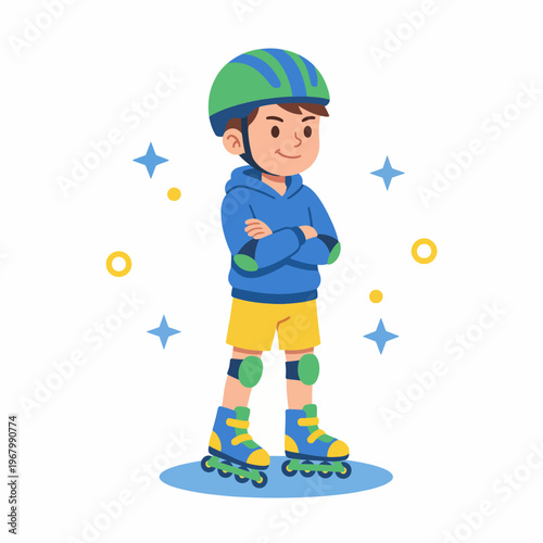 This vibrant illustration showcases a young boy rollerblading confidently, embodying themes of youthfulness, active lifestyle, and carefree leisure for children's media.