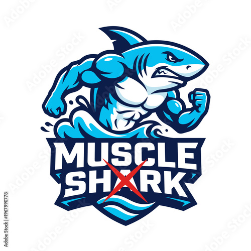 This dynamic illustration features a muscular shark mascot, emphasizing strength and determination, making it an impactful image for branding in the fitness or sports sector.