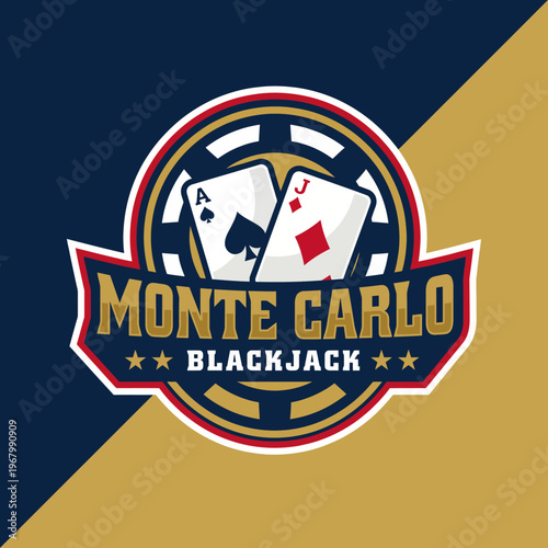 A striking logo for Monte Carlo Blackjack featuring playing cards and a casino chip, representing the excitement and thrill of gaming in a glamorous casino atmosphere.