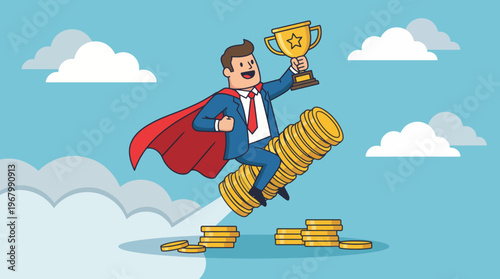 A joyful superhero character riding on a stack of coins, triumphantly holding a winning trophy, symbolizing success, achievement, and a fun celebration of victory.