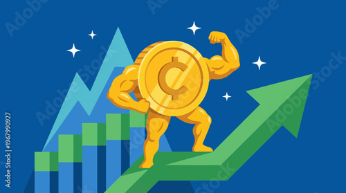 An imaginative illustration depicting a strong golden coin flexing its muscles, symbolizing financial strength and growth on an upward trajectory of financial markets and investment.