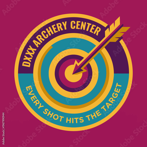 A vibrant and colorful logo design for an archery center featuring a target with an arrow hitting the center, reflecting precision, skill, and focus in the sport of archery.