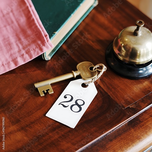 A vintage hotel key with room number 28 bell and fabric