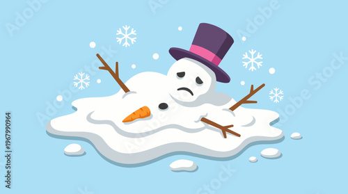 A whimsical snowman melting under a gentle snowfall, symbolizing the fleeting nature of winter and the bittersweet emotions associated with seasonal changes and nostalgia.