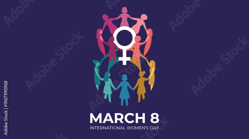 A colorful graphic design representing International Women's Day, featuring a unified symbol of women holding hands, emphasizing empowerment, solidarity, and equality.