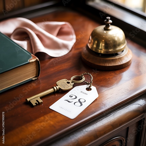 A vintage hotel still life featuring a bell key and book