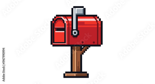A pixel-art style vector illustration of a classic red mailbox on a wooden post with its silver flag raised against a plain white background.