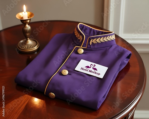 A folded purple hotel uniform jacket rests beside a lit candle