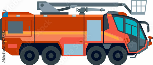 This colorful fire truck features an extendable ladder and robust wheels, designed for emergency services to reach challenging areas during firefighting operations.