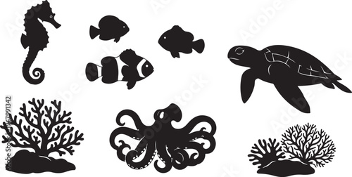 Black silhouettes of a bat a bird a pterodactyl a dragon a crab and a tree