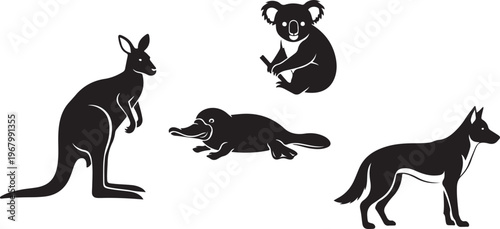 Black silhouettes of a horse rider jumping a hurdle with a dog and cat chasing