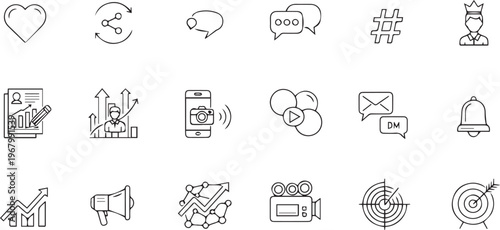 Social Media Marketing and Digital Engagement Line Icon Set: Online Advertising Content Strategy and Viral Growth Symbols