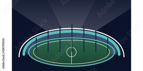 Hand-drawn minimalist abstract stadium design featuring green grass pitch and curved blue arena walls under dark authentic illustration