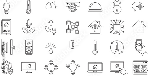 Smart Home Automation and IoT Technology Line Icon Set: Intelligent House Control, Wireless Security and Eco-Friendly Smart Living Symbols