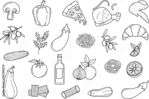 Assortment of Culinary Delights: An array of appetizing line art illustrations, capturing the essence of various food items, ideal for culinary or dining concepts.