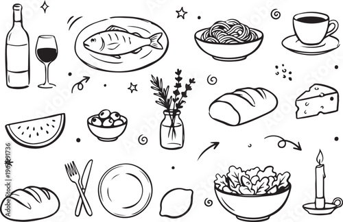 Hand-Drawn Culinary Delight: A charming, hand-drawn illustration showcases a delectable array of culinary elements, a true feast for the eyes and a celebration of the art of dining. 
