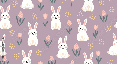 Charming seamless pattern featuring adorable cartoon bunnies and soft pink flowers on a gentle purple backdrop, ideal for Easter and spring designs, cute illustration, playful and sweet.