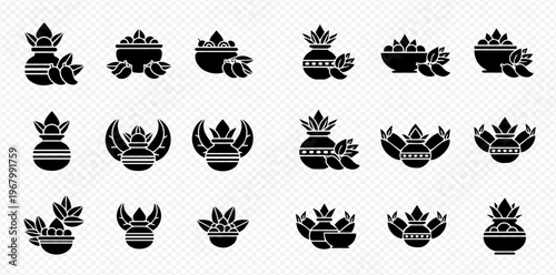 Set of Kalash and other traditional Indian ritual items, black silhouette icons for religious ceremonies and festivals.