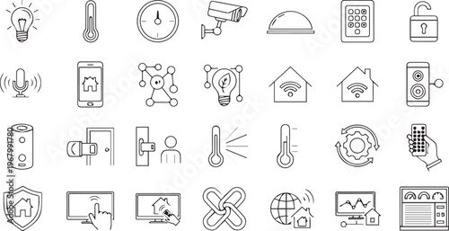 Smart Home Automation and Security System Line Icon Set Internet of Things IoT  Home Control and Wireless Technology Symbols