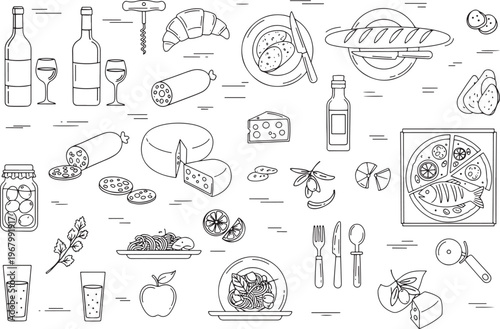 Culinary Assortment: A line art illustration showcasing an array of gastronomic delights. It invites exploration, with a variety of elements arranged for a visual feast. 