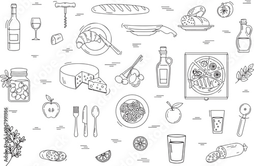 Culinary Collection: A detailed illustration showcasing a variety of food and drink items, meticulously drawn in a monochromatic style. It evokes the essence of food.