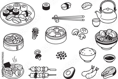 Diverse Japanese Cuisine: An artistic array of Japanese culinary delights, from sushi and tempura to ramen and dumplings, showcasing a rich tapestry of flavors and textures.