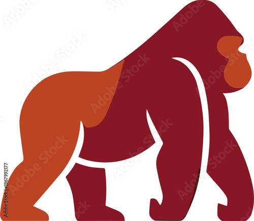 A vibrant illustration of a gorilla walking in profile view with orange and maroon sections.
