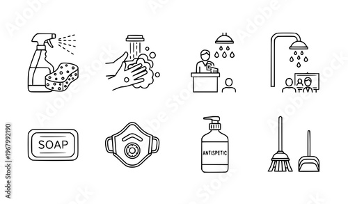 Hygiene and cleaning icons set with personal care with wash hands with spray bottle with hygiene awareness with public health with medical supplies with hygiene practices