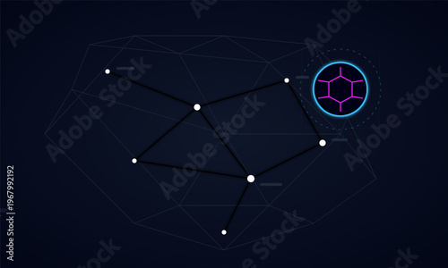 Hand-drawn abstract digital network map with nodes and futuristic molecular symbols on a dark blue backdrop authentic illustration
