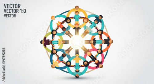 Diverse people connect in a circle of unity and teamwork hands clasped together in cooperation and friendship forming a colorful abstract network on a white background