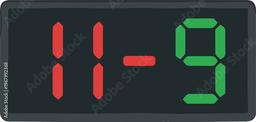 A digital scoreboard displays 11 to 9 in red and green numbers.