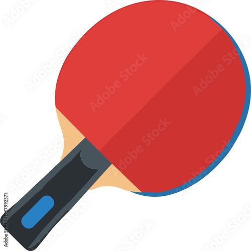 A red ping pong paddle with a black and blue handle.