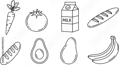 Fresh Pantry Essentials: A set of essential food items for the home kitchen, perfect for culinary endeavors, featuring a medley of nutritious produce and staple products.