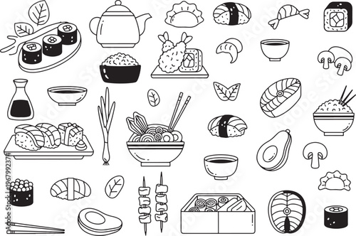 A Japanese culinary feast: An illustration showcasing an array of Japanese delicacies, from sushi and sashimi to tempura and more.