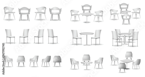 Collection of modern indoor tables and chairs arranged in various layouts and perspectives, isolated on white background. Contemporary furniture commonly used in dining rooms, cafes, offices, lounges,