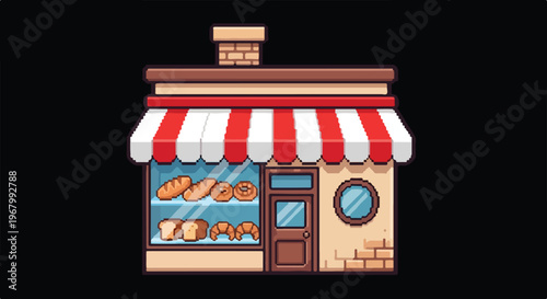 This charming pixel art illustration features a cozy bakery storefront with a red and white striped awning and a window full of bread.