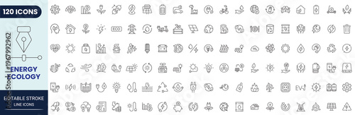 Energy and Ecology icon set in outline style. Editable stroke. Vector icon collection.
