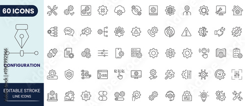 Configuration icon set in outline style. Editable stroke. Vector icon collection.