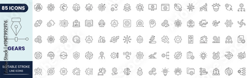 Gear icon set in outline style. Editable stroke. Vector icon collection.