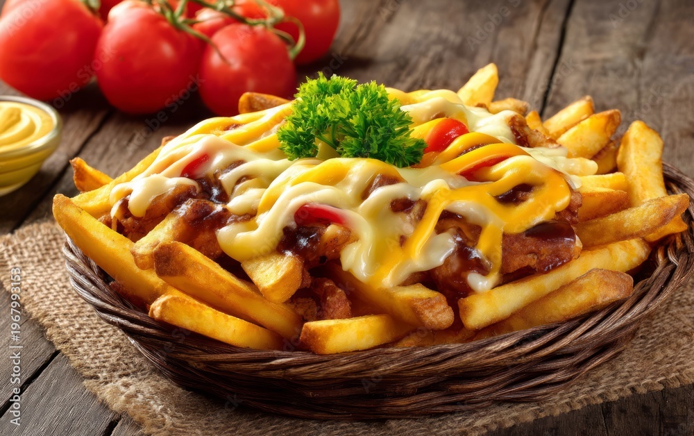 Fototapeta premium Delicious Snack with Fries and Melted Cheese on Wooden Table