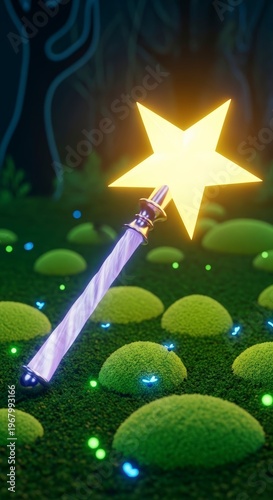 Glowing star on magic wand outdoors.