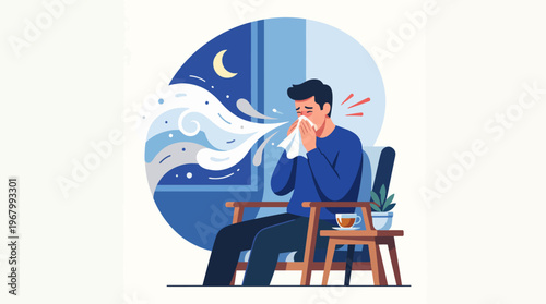 A digital artwork showing a man sneezing in a cozy living room setting, reflecting the common struggle with seasonal allergies during cold weather nights.
